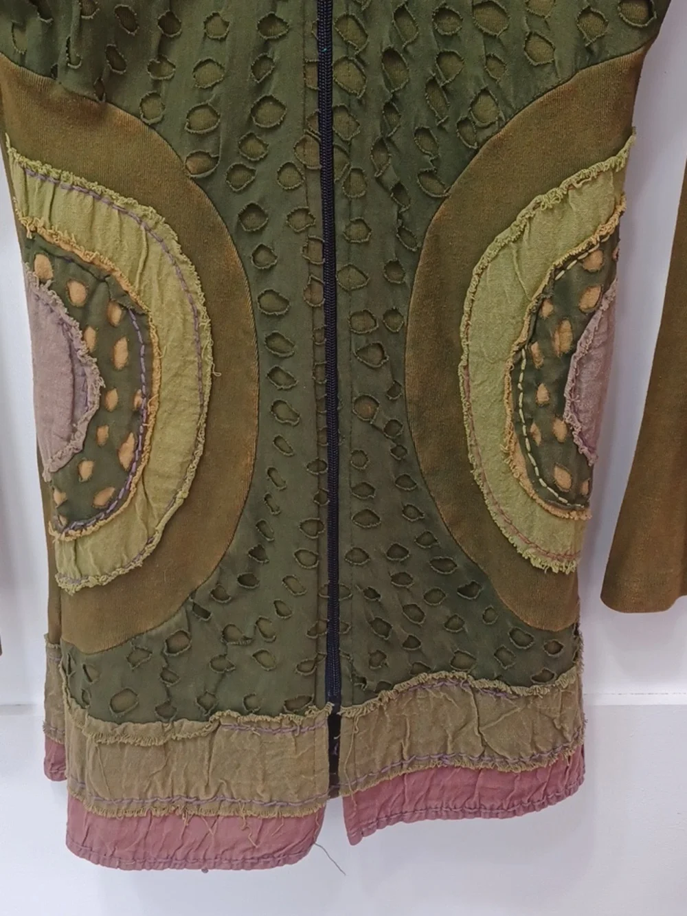 Green Distressed India Bohemian Tunic Hoodie Zip Up Jacket Sweater XS - S - Picture 3 of 8